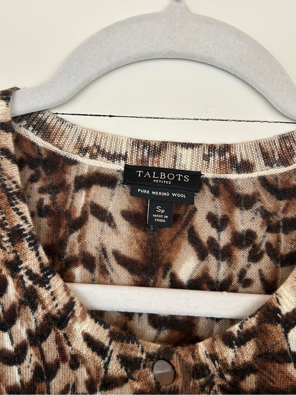 Talbots Brown & Cream Feather Inspired Long Sleeve Cardigan, Size SP - Picture 3 of 6